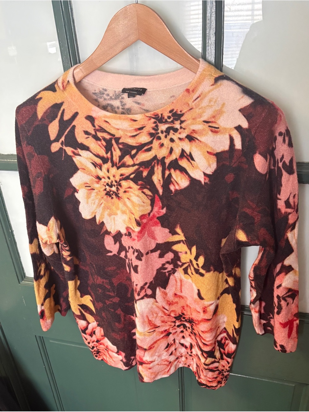 Talbots Cashmere Sweater with Pink and Yellow Floral Print